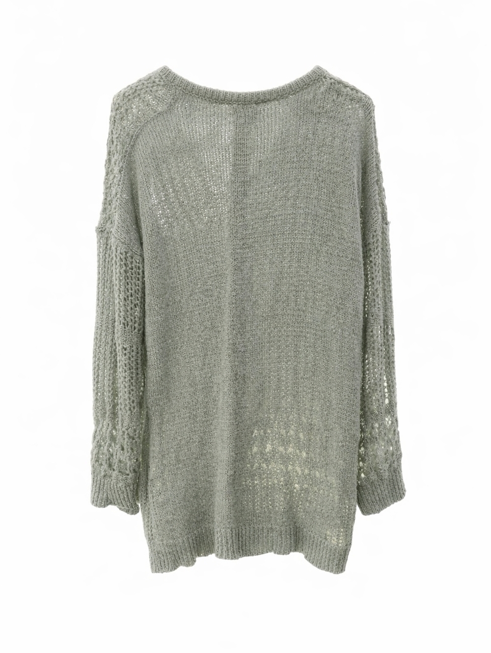 BiBi Sage Green Open Knit Sweater M Boho Lightweight Crochet Pullover - Picture 2 of 9